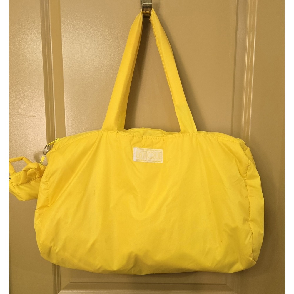 Vintage 80s LaTique Yellow Puffy Nylon Tote Bag Duffel & Mini Pouch Keychain